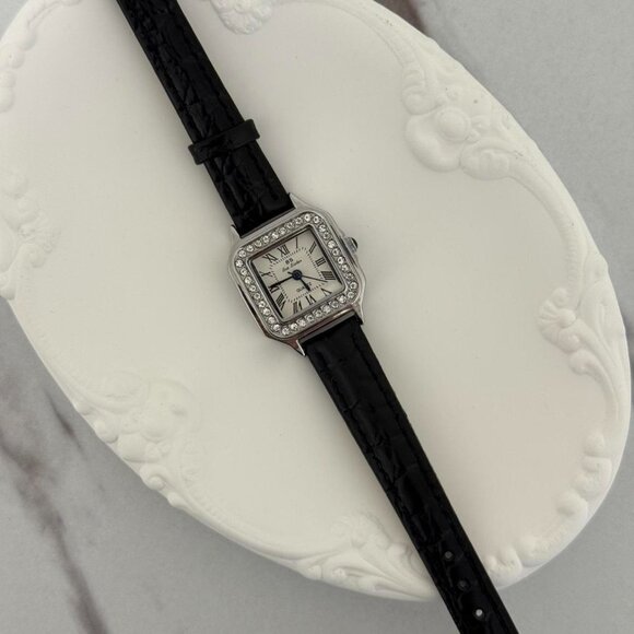 Sku:0152 vintage vibe retro silver black mini watch black leather strap+gift bag main image 6